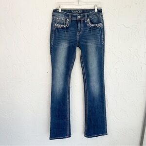 Grace in LA Easy Fit Low Rise Bootcut Embroidered Jeans Size 27” Western
